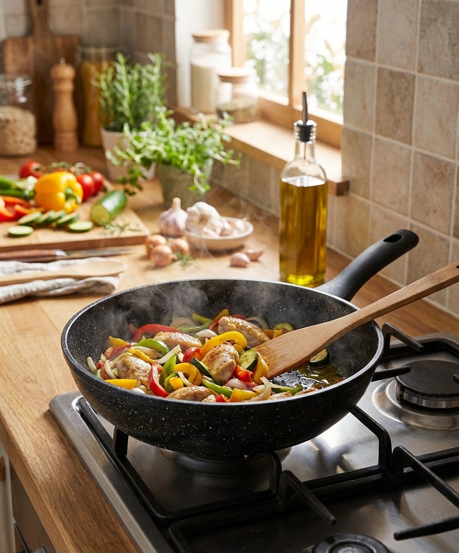 Poêle 28 cm B0025 en utilisation sur une plaque de cuisson dans une cuisine moderne.