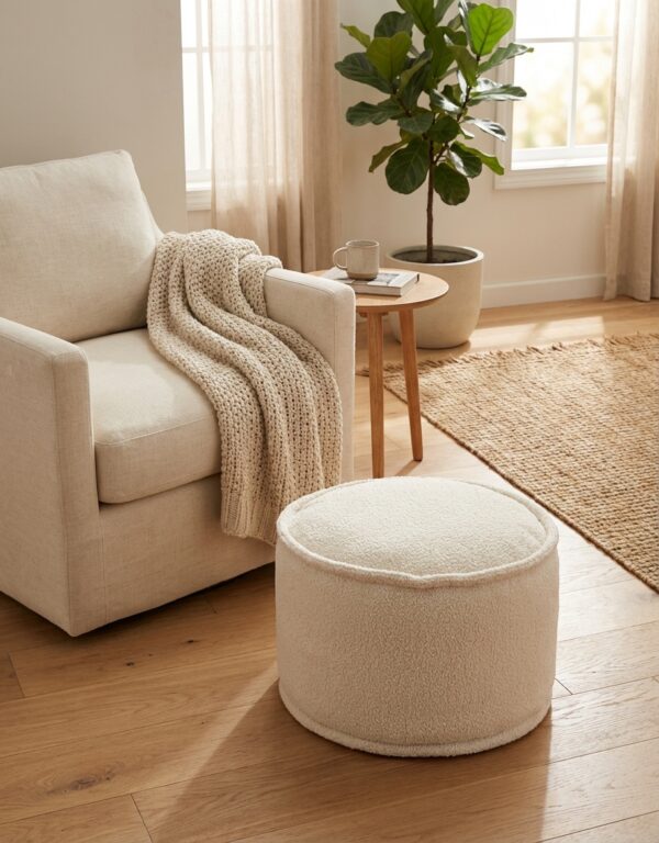Image principale du pouf tissu blanc D0117-B dans un intérieur moderne et chaleureux