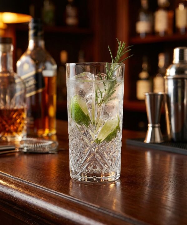 Verre chope Broadway forme haute 38cl V0144, mise en situation sur un bar avec boisson et glace, verre à cocktail original