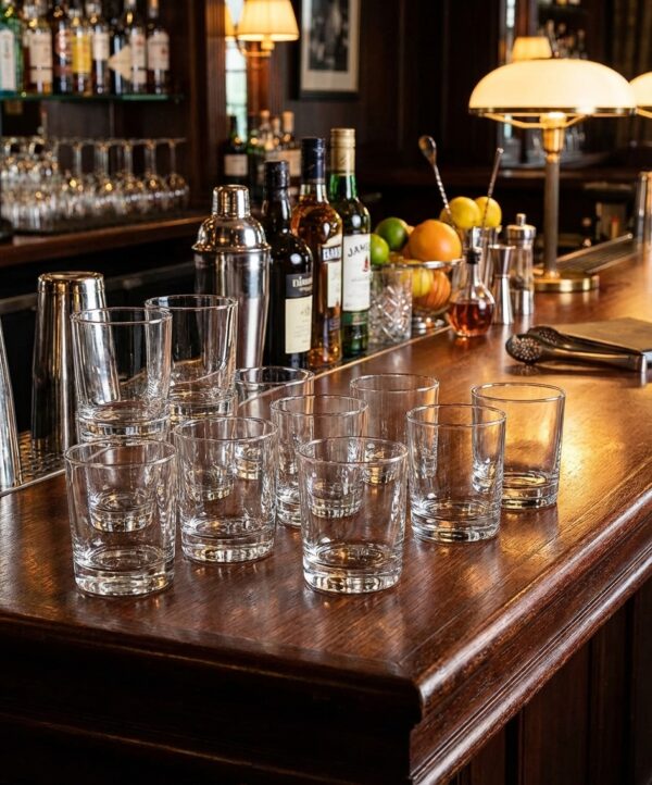 Vue principale du verre à digestif forme basse 25cl Istanbul (pack de 12) V0107 sur un comptoir de bar.