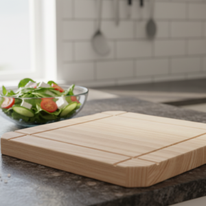 Dessous de plat bois chêne massif carré sur un plan de cuisine avec pain et salade - MTR-2071110