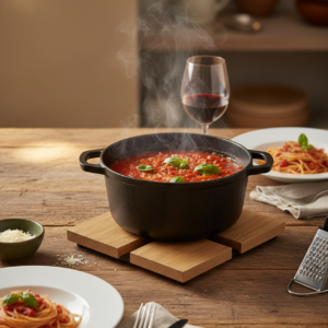 Dessous de plat carré en bois chêne massif avec une cocotte noire posée dessus, ambiance de repas italien.