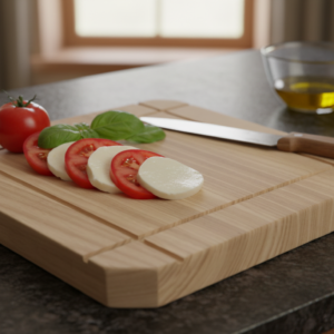 Dessous de plat en bois chêne massif carré 20x20 cm, image principale, référence MTR-2071120, illustration de présentation du produit sur une table de cuisine avec des aliments, non contractuelle