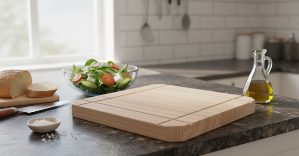 Dessous de plat en bois chêne massif carré 20x20 cm sur un plan de travail de cuisine, référence MTR-2071120