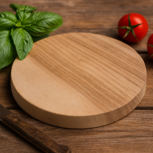 Dessous de plat rond en bois chêne massif D.15 cm, référence MTR-2072110, image principale montrant le produit en contexte sur une table en bois avec des tomates et du basilic