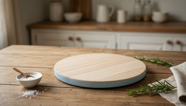 Dessous de plat rond en bois chêne massif principal, illustration du produit MTR-2072110 dans une cuisine.
