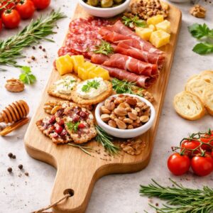 Planche apéro bar en chêne massif MTR-2083120 - présentation garnie de charcuteries, fromages, fruits secs et pains.