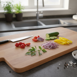 Image principale de la Planche à découper chêne MTR-2082140 avec légumes et couteau sur une surface de cuisine moderne.