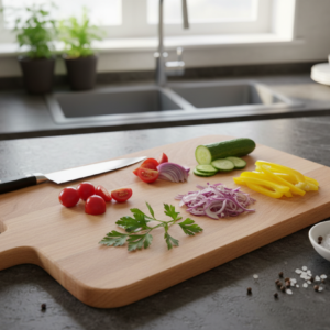 Planche à découper chêne massif avec aliments et couteau - MTR-2082130