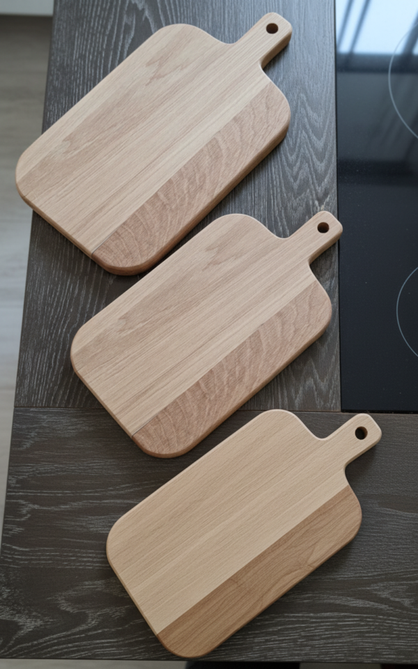 Vue de dessus de plusieurs planches à découper en chêne massif 45x25x1,9 cm MTR-2082130.