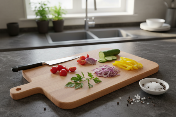 Planche à découper en chêne avec des légumes et un couteau sur un plan de travail de cuisine