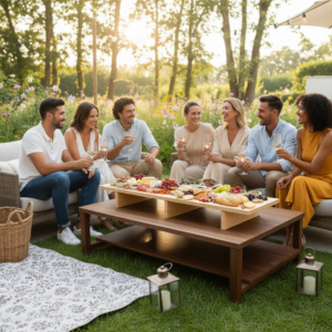 Planche apéro XXL à pied chêne massif en extérieur, utilisée lors d'une réunion de groupe conviviale autour de tapas variés sur une table basse. Illustration de l'usage du produit dans un cadre bucolique.