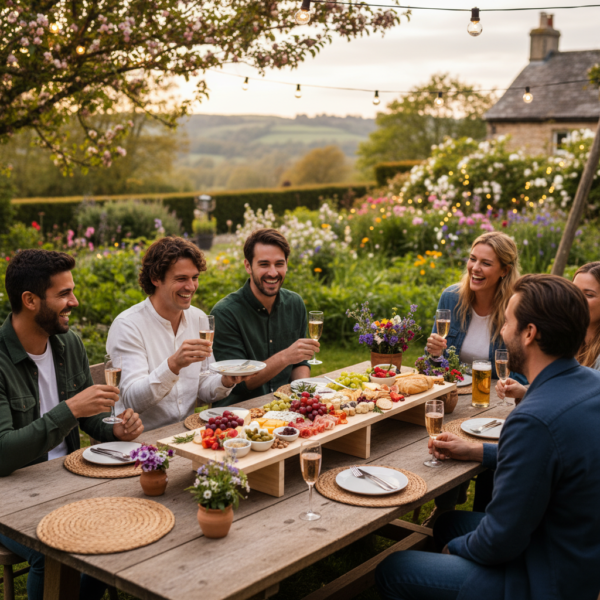 Planche apéro XXL à pied chêne massif utilisée lors d'un repas convivial en extérieur, référence MTR-2084220.