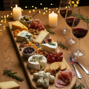 Planche apéro bois XL en chêne massif avec assortiment de fromages et charcuterie, ambiance chaleureuse. Illustration générée non contractuelle. Référence: MTR-2083140.