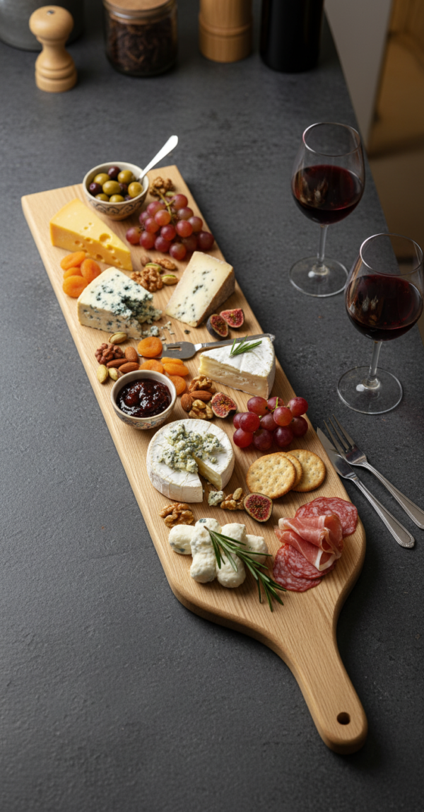 Planche apéro bois XL chêne massif MTR-2083140 avec assortiment de fromages et fruits, image principale