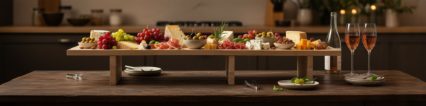 Planche apéro originale en chêne massif avec pieds, garnie de fromages, fruits, et charcuterie, MTR-2084210