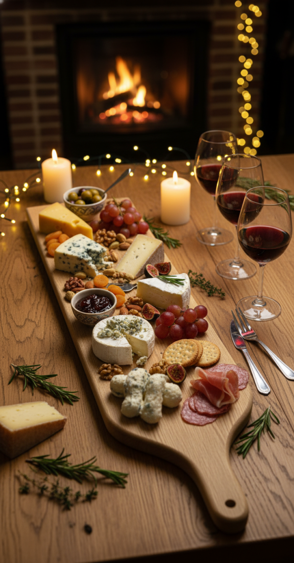 Planche en bois apéro XXL en chêne massif avec assortiment de fromages, fruits secs et charcuterie, ambiance chaleureuse