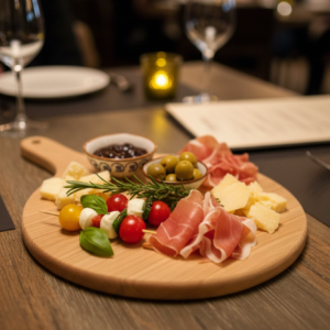 Planche ronde bois chêne massif MTR-2081110 présentée avec charcuterie et fromages