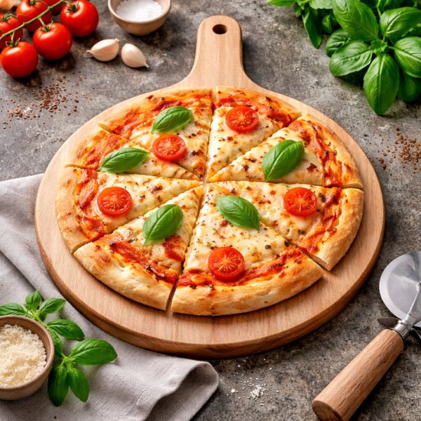 Planche ronde bois à découper chêne massif avec pizza, référence MTR-2081110