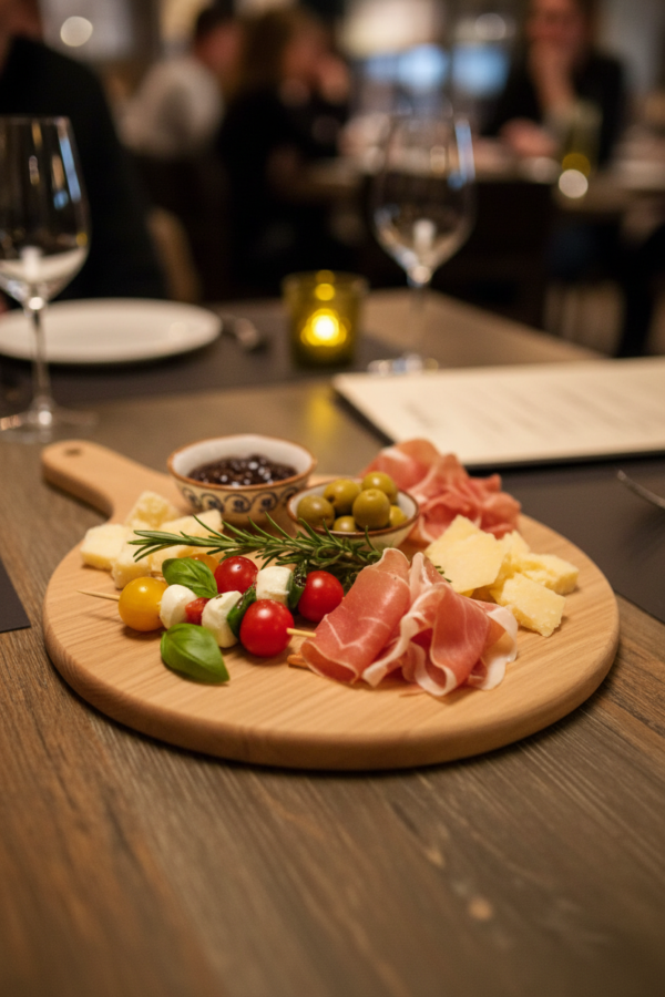 Planche ronde en bois avec charcuterie et fromage, MTR-2081130