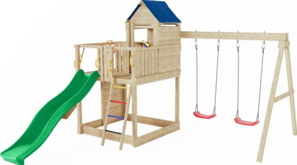 Aire de jeu complète FUNGOO TREEHOUSE avec toboggan vert et balançoires, image principale, référence 5130PK