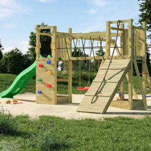 Image principale de cette aire de jeux enfants FUNGOO FUNNY MAXI EXPOSURE avec toboggan vert, pont de cordage et sièges rouges, référence produit 8300PK