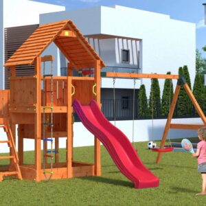 Illustration générée non contractuelle d'une aire de jeux FUNGOO BIG LEADER MOVE avec toboggan rouge
