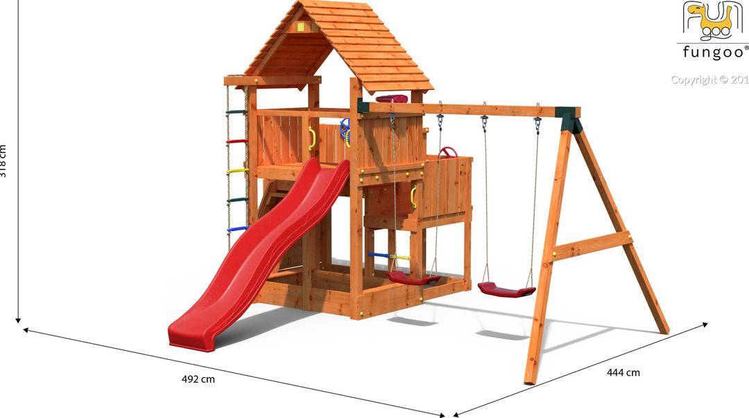 Image principale de l'aire de jeux FUNGOO BIG LEADER MOVE avec toboggan rouge montrant les dimensions 492 cm par 444 cm