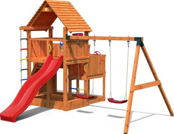 Aire de jeux FUNGOO BIG LEADER MOVE avec toboggan rouge, balançoires et échelle, image principale, référence 4327PT