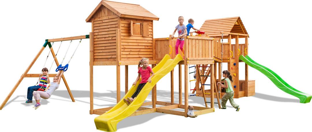 Aire de jeux avec deux toboggans jaunes et verts pour enfants, référence 3526PT, image principale.