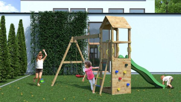 Aire de jeux bois FUNGOO FLAPPI avec Balançoire Double, référence 3435PK. Image principale montrant la structure complète avec un toboggan vert, échelle et deux sièges rouges, dans un jardin.