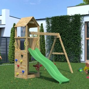 aire de jeux bois FUNGOO FLAPPI avec Balançoire Double dans un jardin, référence 3435PK