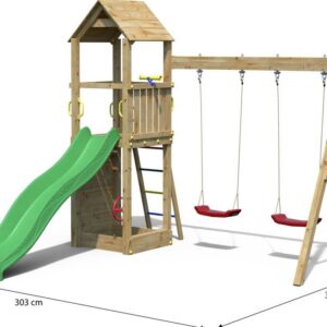 Image principale de l'aire de jeux bois FUNGOO FLAPPI avec Balançoire Double, référence 3435PK, montrant la structure complète avec toboggan, échelle à barreaux et deux balançoires, dimensions affichées