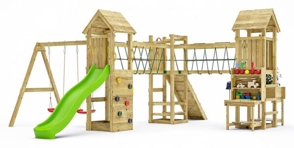 Aire de jeux en bois Fungoo Optimizer avec toboggan vert, balançoires, et modules ludiques - image principale, référence 8510PK