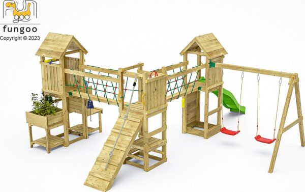 Image principale de l'aire de jeux en bois FUNGOO OPTIMIZER montrant la structure complète avec toboggan, balançoires, et modules d'activités. Référence 8510PK.