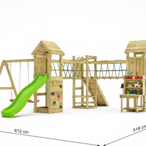 Illustration générée non contractuelle de l'aire de jeux en bois FUNGOO OPTIMIZER avec dimensions.