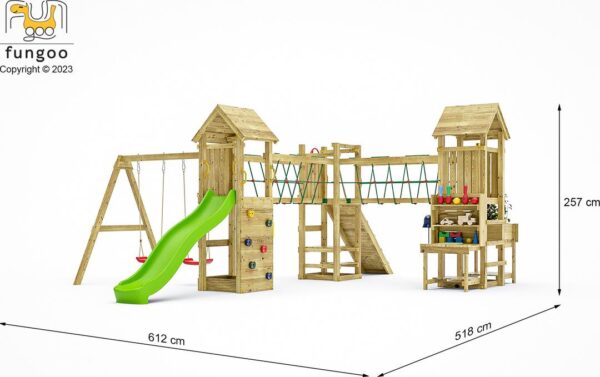 Illustration générée non contractuelle de l'aire de jeux en bois FUNGOO OPTIMIZER avec dimensions.