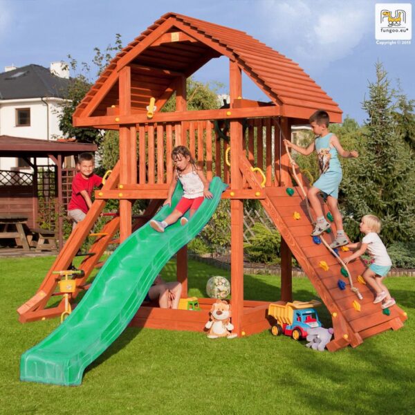 aire de jeux extérieure Fungoo Giant avec toboggan bleu et jeux inclus, référence 0925PT