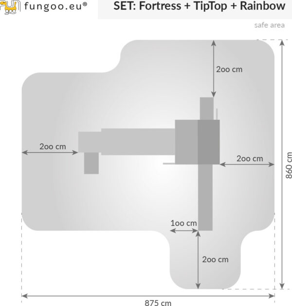 Vue schématique des dimensions et de la zone de sécurité de l'aire de jeux géante FUNGOO RAINBOW FORTRESS TIP, référence 3513PT