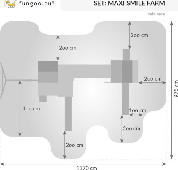 Schéma des mesures pour l'aire de jeux multi activités MAXI SET FUNGOO SMILE FARM, référence 3560PT