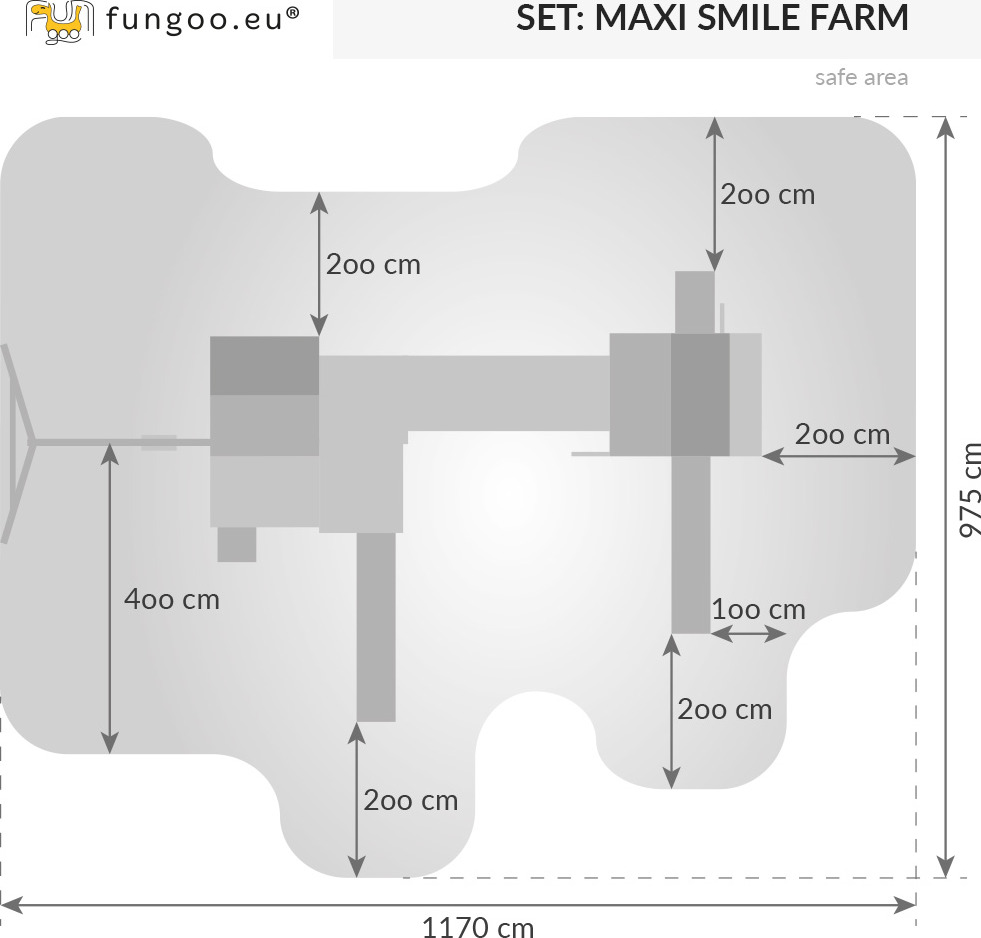Schéma des mesures pour l'aire de jeux multi activités MAXI SET FUNGOO SMILE FARM, référence 3560PT