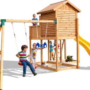 Aire de jeux toboggan FUNGOO MOVE MySIDE, vue principale montrant la structure en bois avec toboggan jaune et balançoire. Modèle référence 3519PT.
