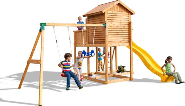 Aire de jeux toboggan FUNGOO MOVE MySIDE, vue principale montrant la structure en bois avec toboggan jaune et balançoire. Modèle référence 3519PT.