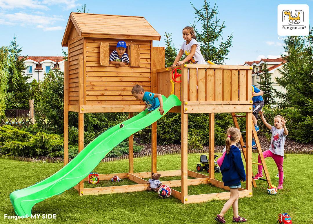 Aire de jeux avec toboggan vert FUNGOO MOVE MySIDE, référence 3519PT.