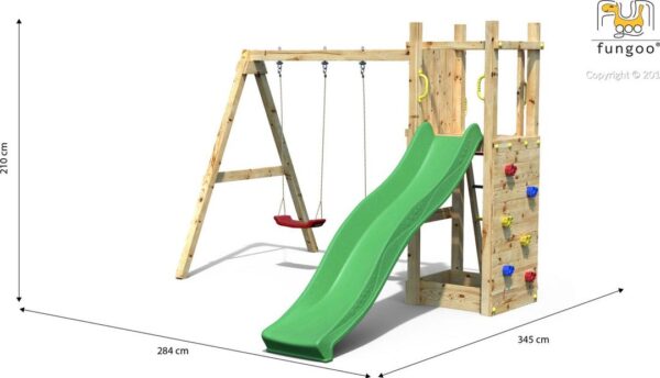 Aire de jeux FUNGOO FUNNY3 avec balançoire double et dimensions, référence 4430PK