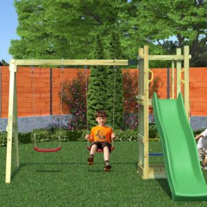 Image principale du produit FUNGOO FUNNY3 avec Balançoire Double, référence 4430PK, montrant l'aire de jeux complète avec toboggan et balançoires.