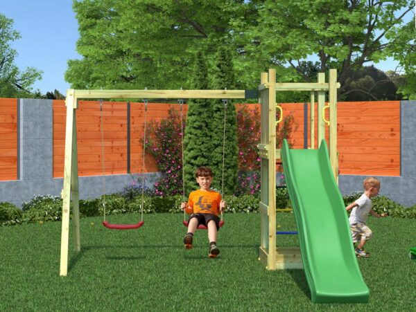 Image principale du produit FUNGOO FUNNY3 avec Balançoire Double, référence 4430PK, montrant l'aire de jeux complète avec toboggan et balançoires.