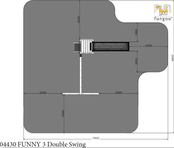Schéma technique avec mesures pour balançoire double FUNGOO FUNNY3, référence 4430PK.