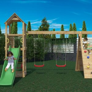 FUNGOO FLEPPI aire de jeux principale avec toboggan vert, balançoire escalade