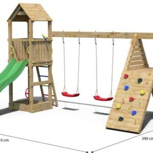 Aire de jeux FUNGOO FLEPPI avec balançoire escalade principale, référence 4630PK, illustration des dimensions.